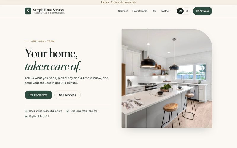 A phone-first homepage concept for a home services contractor with Book Now and See services buttons, shown with a sample business name