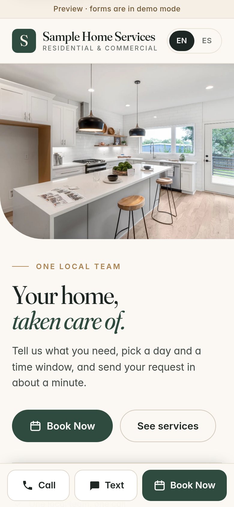 The same homepage concept on a phone, with Call, Text and Book buttons pinned to the bottom
