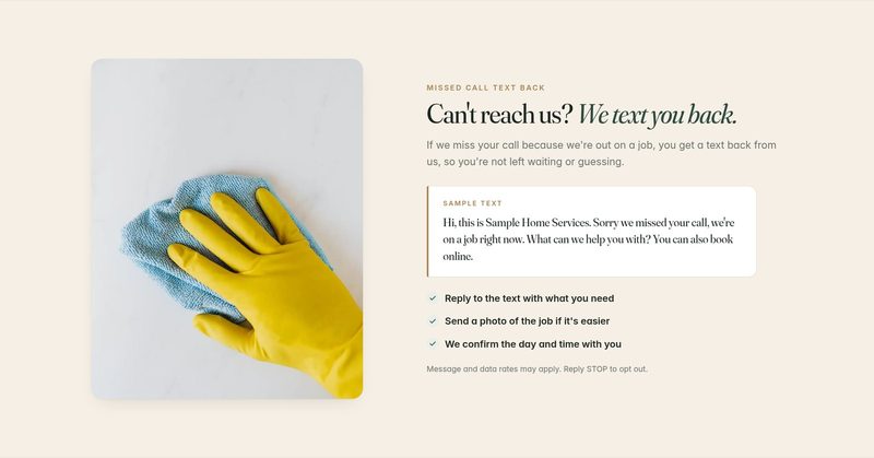 Concept of a homepage section about missed-call text back, a feature that is coming soon, with a sample text message