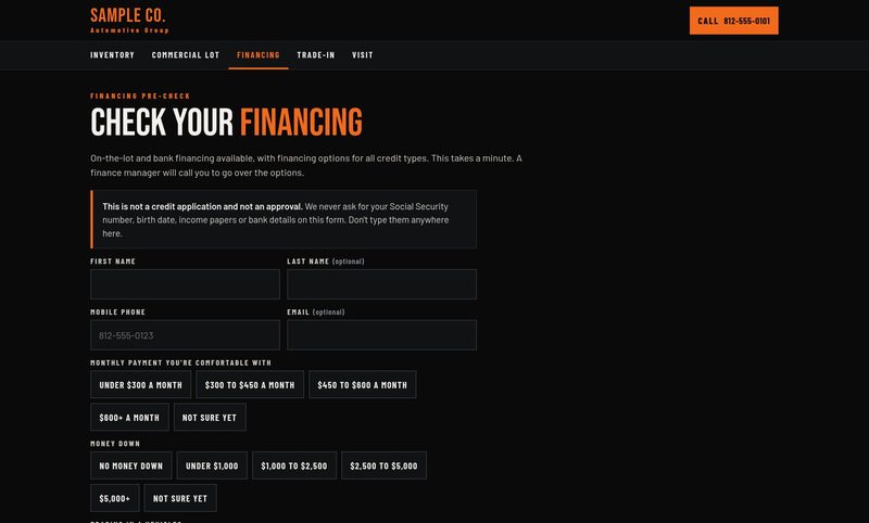 The dealer website's financing pre-check form