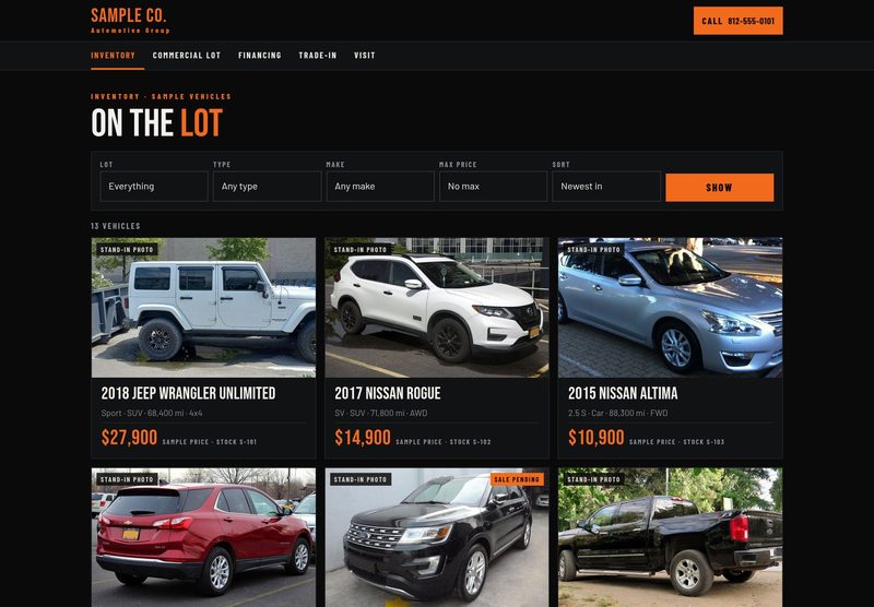 A used car dealer website inventory page with vehicle photos and prices, using a sample dealer name
