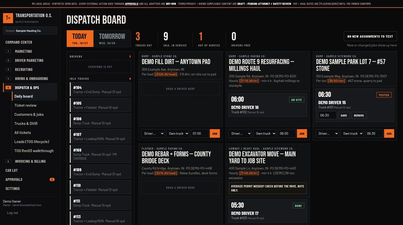 A dispatch board showing trucks, drivers and today's hauling jobs with sample customers