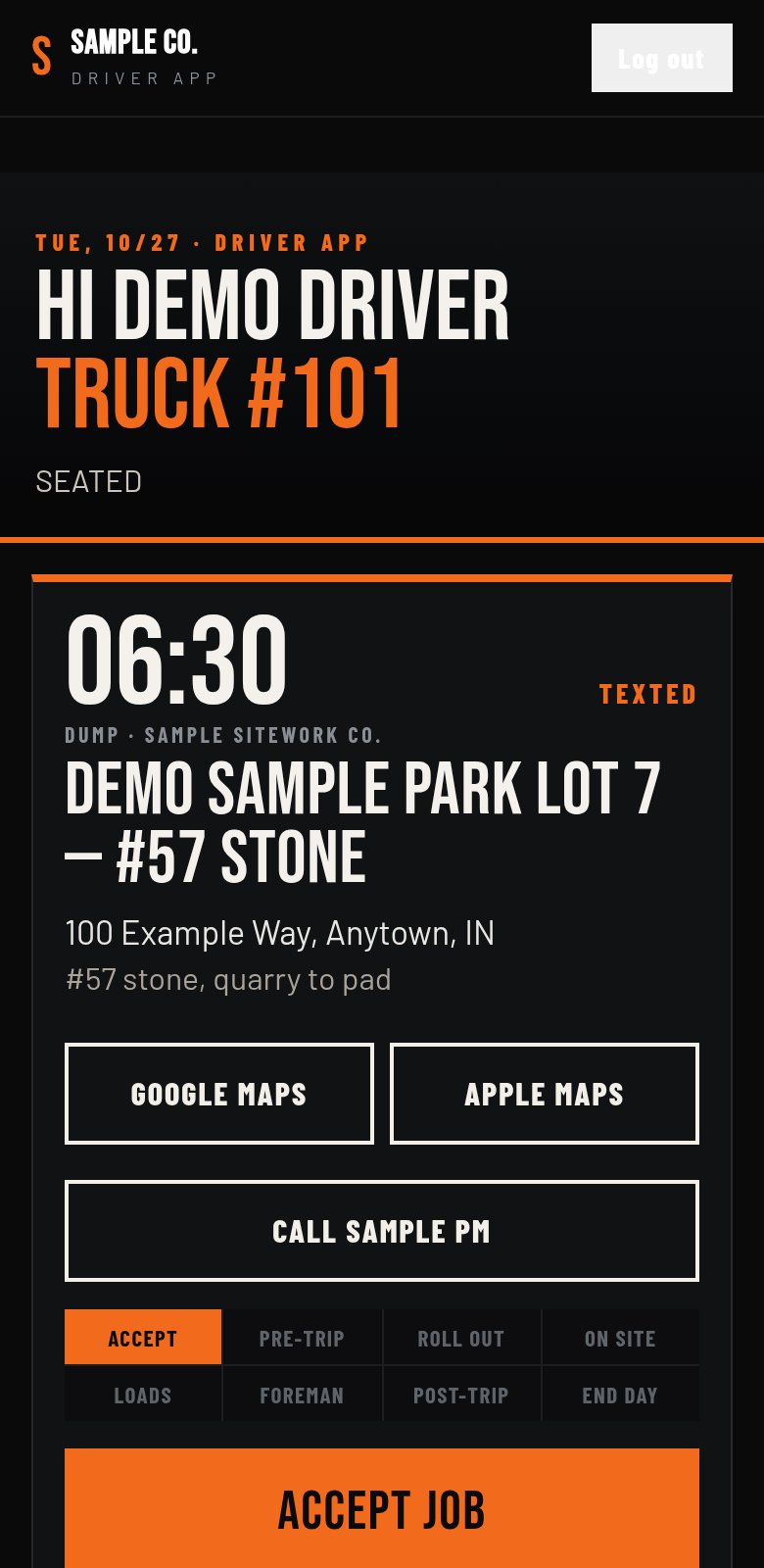 The driver phone app showing today's job, the pickup address, map buttons and an Accept Job button